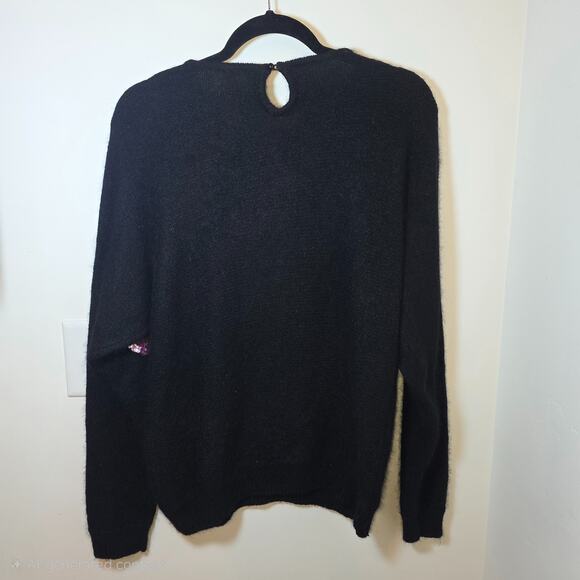 Vtg Artsy Embellished Sweater Women's Large Silk Angora Knit Black Floral Sequin - Picture 4 of 6